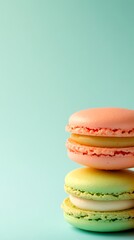 Pastel Macarons Stacked High Against Light Blue Background, Delicious French Dessert