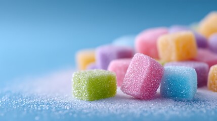 Pastel Colored Sugar Coated Fruit Jelly Candy Squares on a Light Blue Background