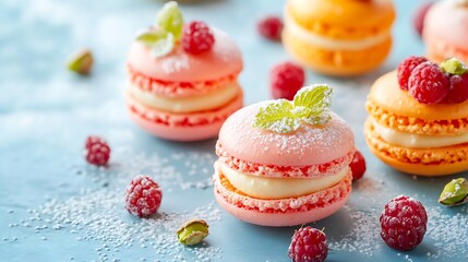 Pastel Macarons with Raspberries, Mint, and Powdered Sugar on Light Blue Surface