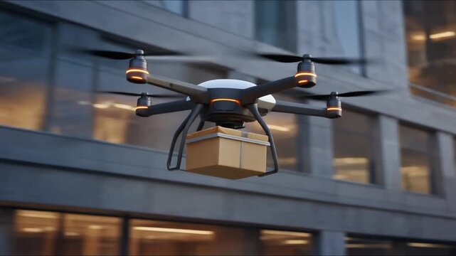 A drone delivering a package in an urban environment.