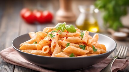 Penne pasta with cream sauce, basil garnish, chili flakes in a gray bowl on rustic wood