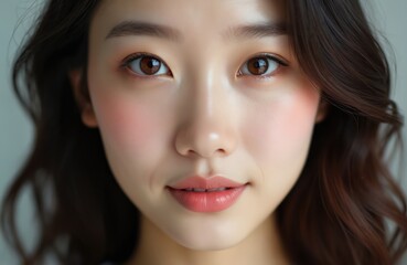 Fototapeta premium Extreme close up of beautiful young Asian woman face. Flawless, glowing skin with light blush, minimal makeup. Dark eyes look directly. Smiles gently, showing healthy pink lips. Natural beauty, fresh