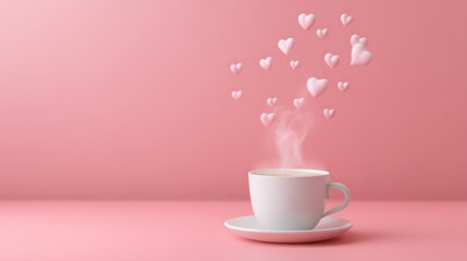 Pink Valentine's Day Steaming Coffee Cup and Floating Hearts on Pink Background