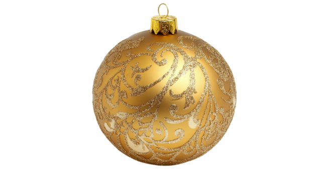 Elegant oval golden christmas ornament with intricate swirl pattern isolated on black background
