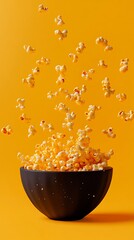 Popcorn Overflowing from Black Bowl with Flying Pieces on a Vibrant Yellow Background