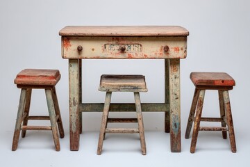 Old distressed wooden table with drawer and three rustic stools on isolated background