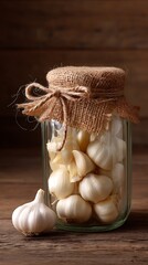 Preserved Garlic Cloves in Glass Jar with Burlap Lid on Wooden Surface