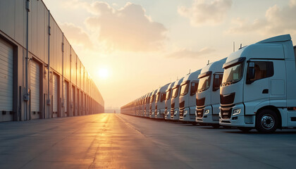 Naklejka premium Lineup of white semi-trucks parked in front of a logistics warehouse. The setting sun casts long shadows on the concrete lot, illuminating the parked fleet. These vehicles await transport or charging.