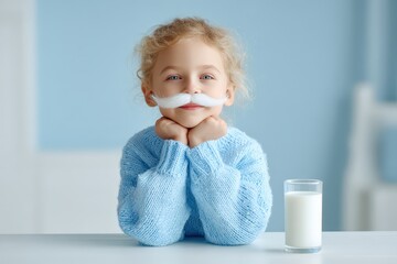 Playful young child with blonde curly hair and fake white mustache holding hands under chin next to glass of milk
