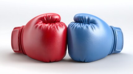 Red and Blue Boxing Gloves Facing Each Other on a White Surface Background