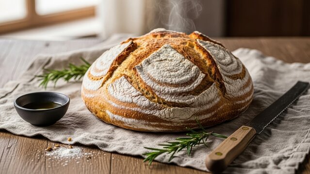 Artisan sourdough bread with rosemary and flour on a table