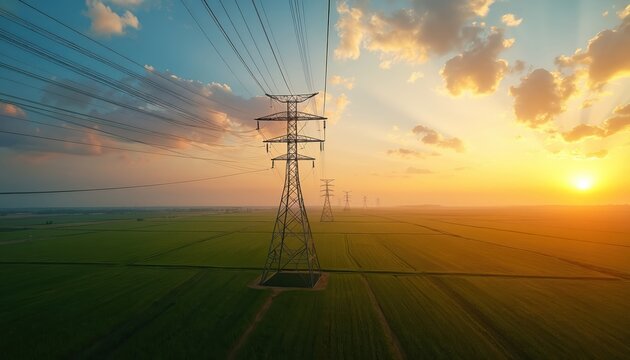 Power lines extend across vast green fields under dynamic sky. Tall transmission towers carry energy through rural landscape. Golden sun sets, casting warm light on clouds, horizon. Electricity grid - Powered by Adobe