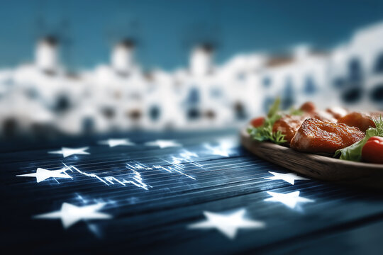 Roasted poultry dish positioned before iconic EU flag and financial data graph with whitewashed island architecture.