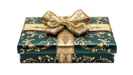 Luxurious emerald green gift box with ornate gold ribbon and bow