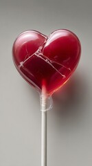 Red Heart Lollipop with Cracks and Wrapped Stick on Light Gray Background