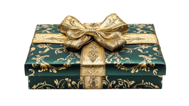 Luxurious emerald green gift box with ornate gold ribbon and bow