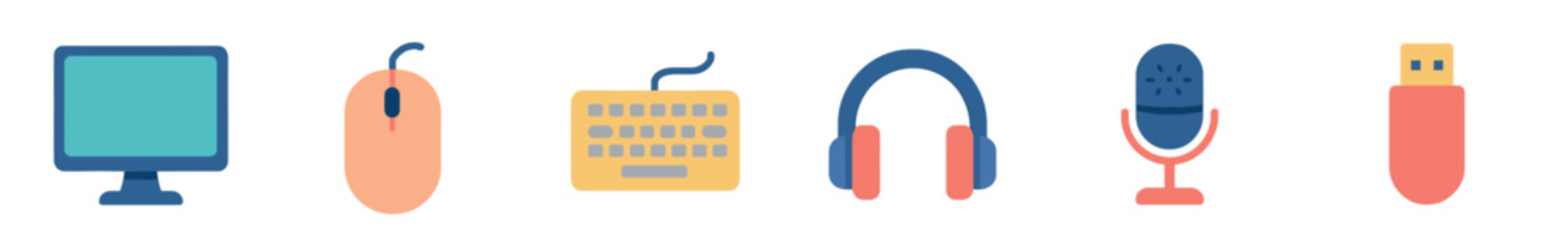 Colorful flat design icon set of computer peripherals including a monitor, mouse, keyboard, headphones, microphone, and flash drive, arranged in a row isolated on white