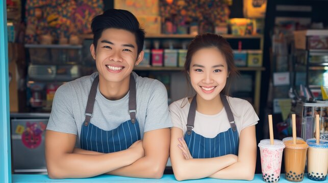 Cheerful Asian Business Owners with Boba Tea Ready to Serve Customers, Promoting Local Business and Community Spirit in a Cafe Environment