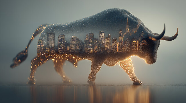 Bull silhouette filled with illuminated metropolitan skyline represents financial market strength.