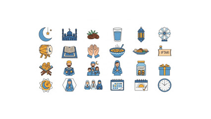 Fototapeta premium ramadan muslim icons set – fasting, prayer, food, mosque, lanterns 