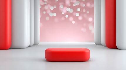 Red Pedestal Podium Display With White Geometric Shapes, Light Pink Background, and Bokeh Lights
