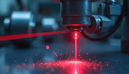 Red laser beam from machine cuts material surface. Sparks fly in precision work in modern lab. Future tech innovation development. Manufacturing process uses advanced optic tool. Science research