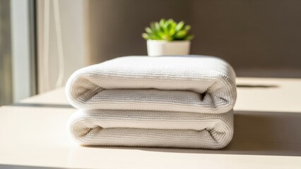 Clean white towels stacked neatly beside a small potted plant