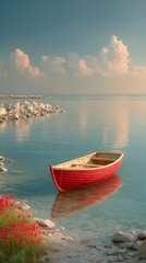 Red Rowboat Beside Shoreline with Red Flowers and Reflections on Calm Blue Water