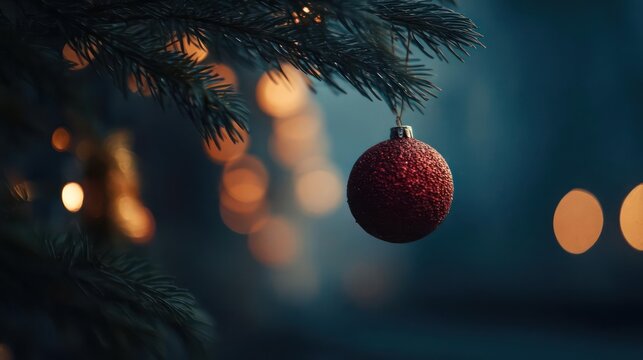 Close up of a single red christmas ornament hanging on a dark green fir tree with blurred warm bokeh lights in the background creating a festive holiday atmosphere