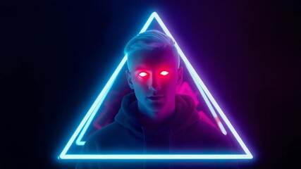 Man with glowing red eyes in a neon triangle cyberpunk aesthetic futuristic portrait dark background. - Powered by Adobe
