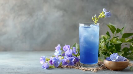 Refreshing Blue Butterfly Pea Flower Drink with Ice and Beautiful Purple Flowers
