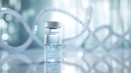 Transparent vial of vaccine with blue liquid and swirling DNA strands in a modern laboratory setting