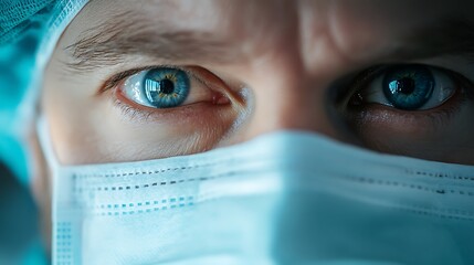 Close-Up Portrait of a Surgical Professional with Blue Eyes Wearing a Face Mask in an Operating Room Setting