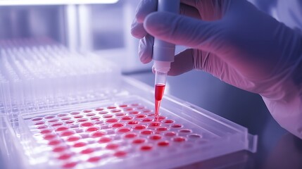 Laboratory Experiment with Pipette and Blood Sample in Microplate Under Colorful Lighting for Scientific Research