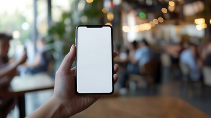 Empty Smartphone Screen in a Cafe with Blurred Background and People Using Mobile Devices