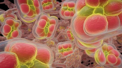 Intriguing close-up of microbial cells for scientific research, medical innovation, or pharmaceutical design offering a unique perspective on life's building blocks