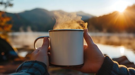 Serene Morning with a Warm Drink in Hand Against a Scenic Nature Backdrop at Sunrise