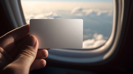 Hand Holding Blank Card Near Airplane Window with Beautiful Cloudy Sky in Background, Travel Concept