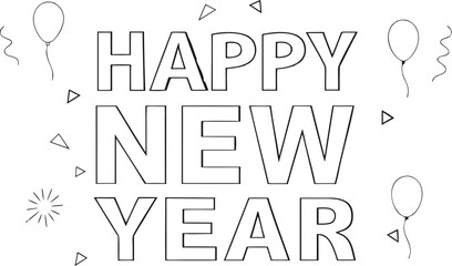 Happy new year outline text with balloons and confetti for coloring