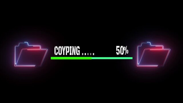 File transfer from computer folder to folder neon line animation Isolated on black background. copying file transfer with loading animation.