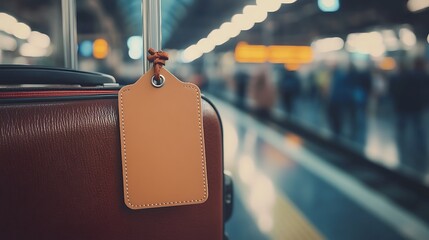 Luggage with Leather Tag Waiting at Busy Train Station Platform in Blurry Background of Traveling Passengers
