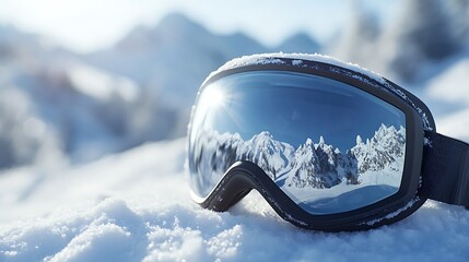 Close-Up of Ski Goggles in Snowy Landscape Reflecting Majestic Mountains Under Clear Blue Sky