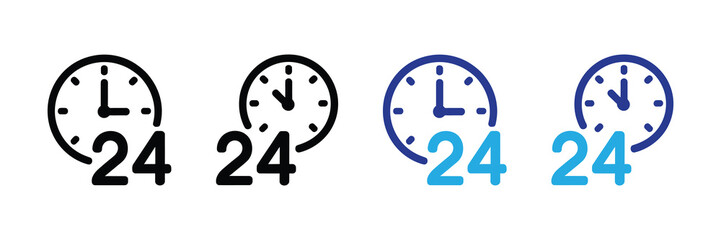 24/7 service icons collection: round clock graphics representing continuous availability and timeliness for business
