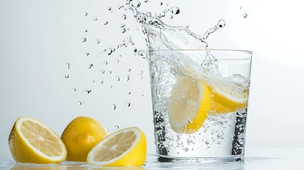 Fresh Lemon Slice Splashing into Clear Water in a Stylish Glass with Juicy Lemons on a Bright Background