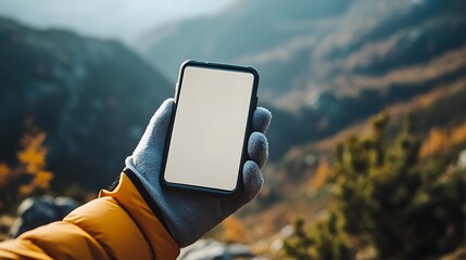 Hand Holding Smartphone with Blank Screen in Scenic Mountain Landscape During Daylight
