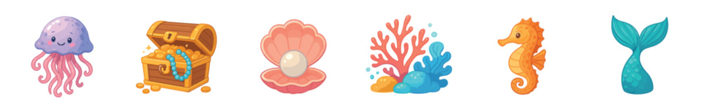 Set of cute cartoon underwater sea elements featuring a jellyfish, treasure chest, pearl, coral, seahorse, and mermaid tail, in a whimsical style for children, isolated on white