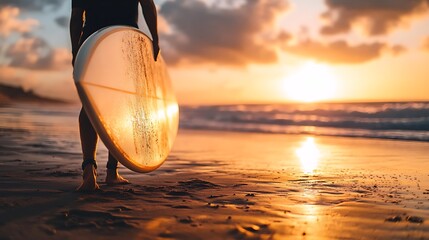 Person Holding Surfboard at Sunset on Beach with Gentle Waves and Reflective Sand Landscape