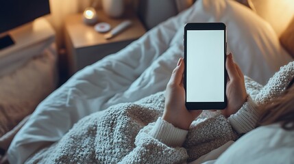 Cozy Evening in Bed with a Smartphone and Soft Blankets, Ideal for Relaxation and Leisure Activities