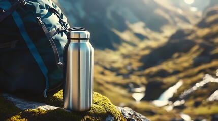 Stainless Steel Water Bottle on Rocky Surface with Backpack in Scenic Mountain Background During Bright Daylight