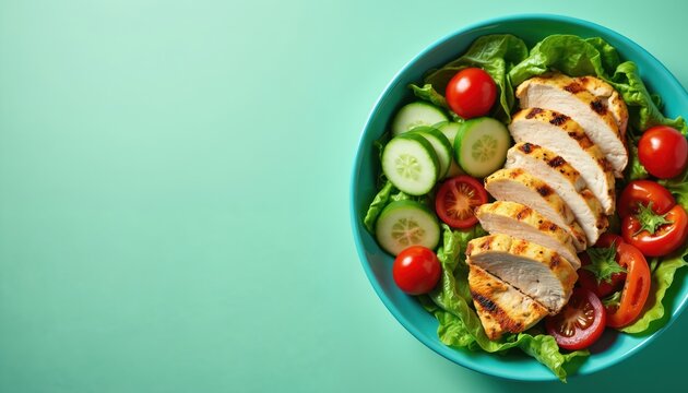 Grilled chicken salad with fresh lettuce, sliced cucumbers and cherry tomatoes. This colorful dish is a healthy meal option with protein and vegetables. Perfect for a light lunch or dinner.